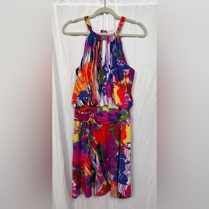 Suzi Chin for Maggy Boutique bright floral print halter neck short summer dress.